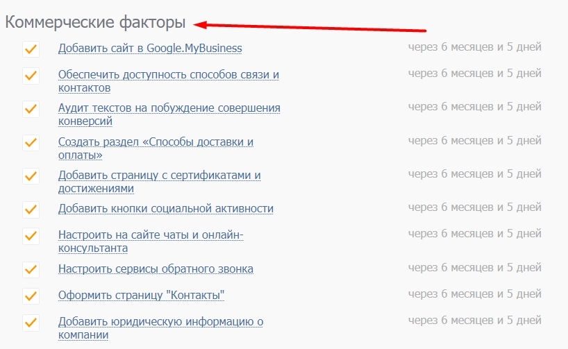 Чек-лист с задачами по коммерческим факторам в интерфейсе SEO-модуля PromoPult