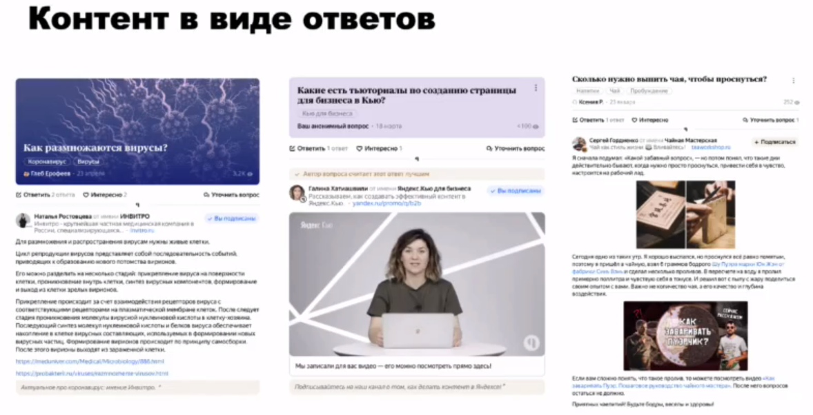 Виды контента на Яндекс.Кью