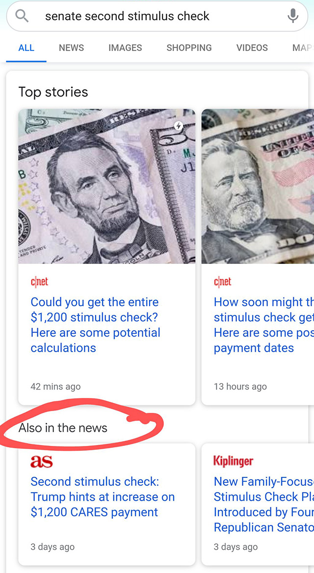 Google тестирует еще один новостной блок под разделом «Главные новости»