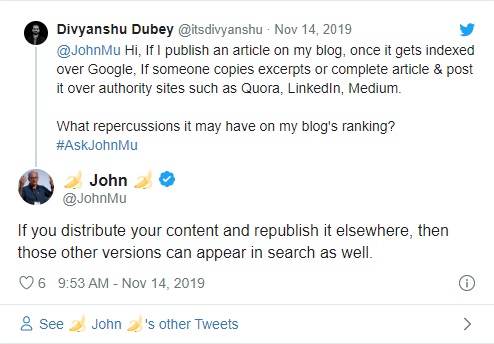 Google в очередной раз напомнил, что когда владелец сайта хочет повторно опубликовать свой контент на других ресурсах, он должен быть готов к тому, что эти сайты могут ранжироваться выше оригинала