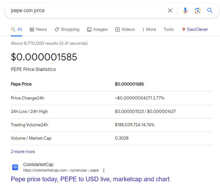 Pepe coin price от Гугл