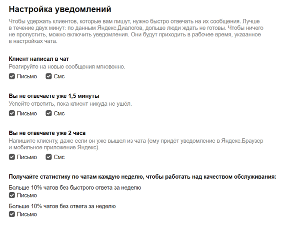 В консоли Яндекс.Диалогов появилась функция получения email и SMS-уведомлений о новых чатах
