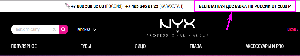 Информация о доставке в шапке сайта nyxcosmetic.ru