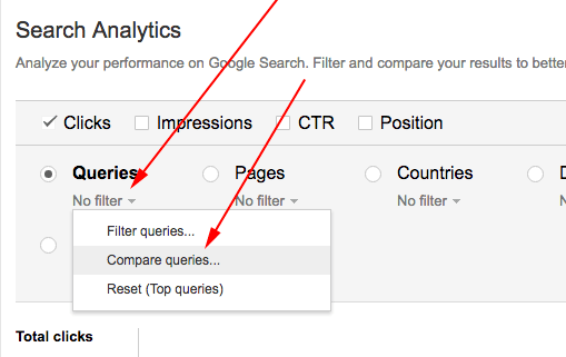 Чтобы воспользоваться функцией, в «Анализе поисковых запросов» кликните на «Запросы» и выберите «Сравнение запросов».png