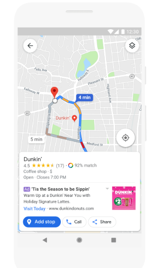 Рекламодатели смогут продвигать свои торговые точки, показывая их пользователям в Google Картах при составлении маршрута