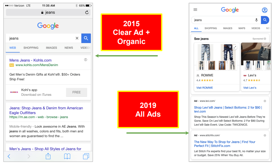 Мобильная выдача Google образца 2015 и 2019 годов